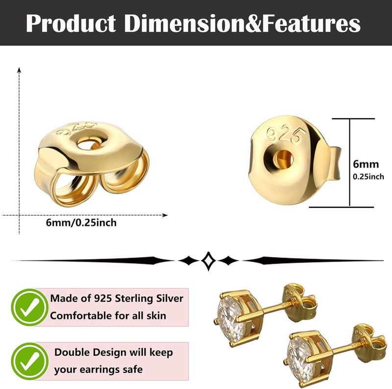 Formulen 925 Silver Earring Backs Replacements - Hypoallergenic Earring Backs for Studs, Secure Ear Locking for Stud Earrings Ear Nut for Posts, 24Pcs/12Pair Gold - Image 3